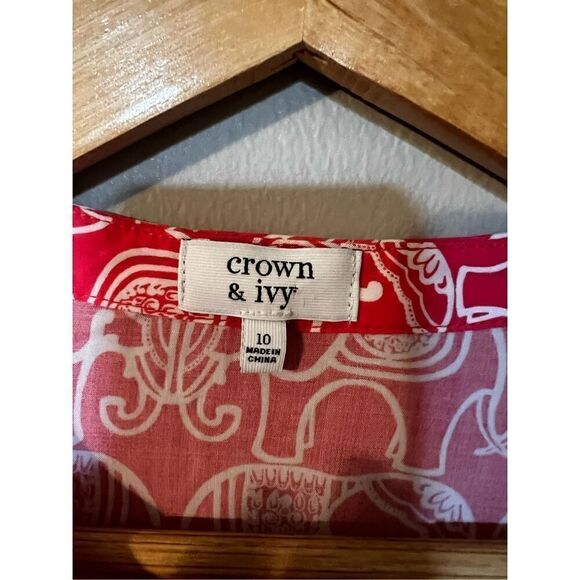 Crown & Ivy Women’s Size 10 Elephant Print Cinch Waist Dress Pink Long Sleeve - Picture 5 of 11